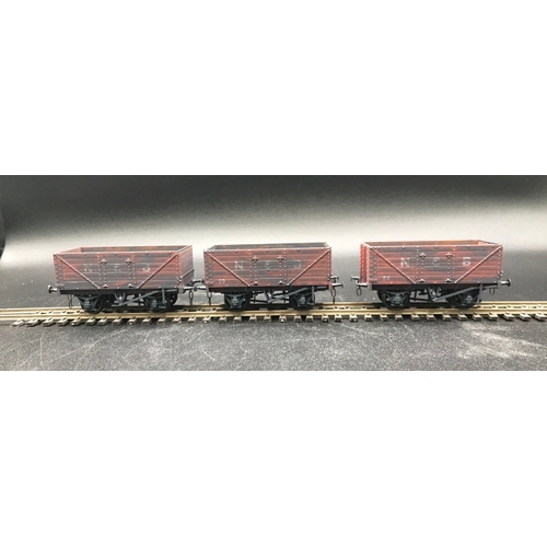 330 - Three pack Oxford Rail NCB 7 Plank Open Wagons, Heavily Dirtied with Coal Remains, 3 Link Couplings,... 