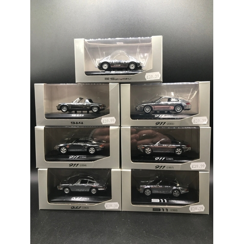 46 - Seven Paul's Model Art Minichamps PORSCHE Series, New Ex-shop Stock, includes 550 Spyder, 911 (1963)... 