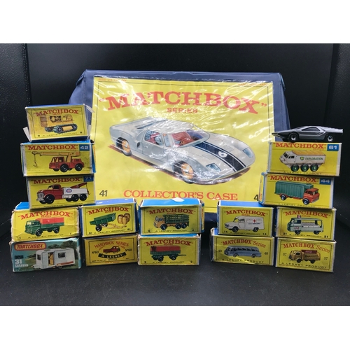 63 - 15 Boxed Matchbox Lesney Vehicles and Collection Case, includes with Good Boxes Matchbox 61 Alvis St... 