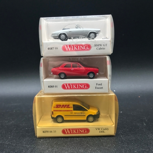 54 - Three 1:87 Scale Wiking Vehicles, VW Caddy DHL, Ford Escort, BMW GT Cabrio (bumper loose in box) - V... 