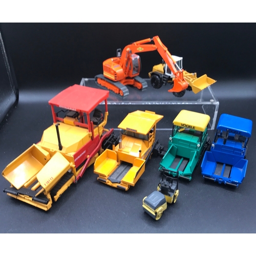 62 - Seven Construction Die-cast Vehicles, 1:50 Conrad (2), 1:50 NZG Modelle (3), 1:35 Joal (1), 1:50 Bom... 