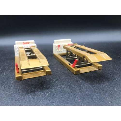 64 - Two Matchbox Lesney Service Ramps, Castrol, 1970, Die Cast, Working, Hoses extend, One missing Castr... 