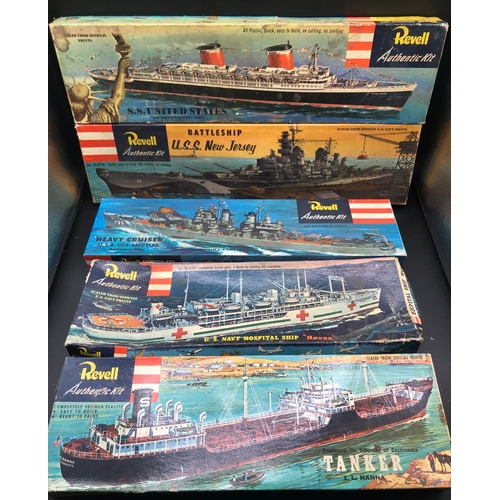 129 - Five Vintage Revell US Ship Model Kits, includes S.S United States H312, U.S.S New Jersey Battleship... 