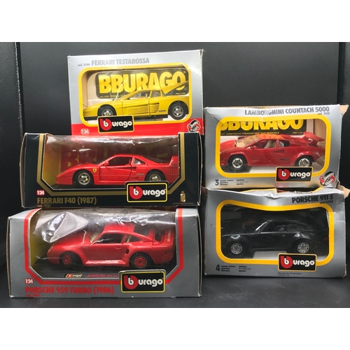 92 - Five 1:24 Burago Sports Cars, Porsche 95 Turbo (1986), Ferrari F40 (1987), Porsche 911S, Lamborghini... 