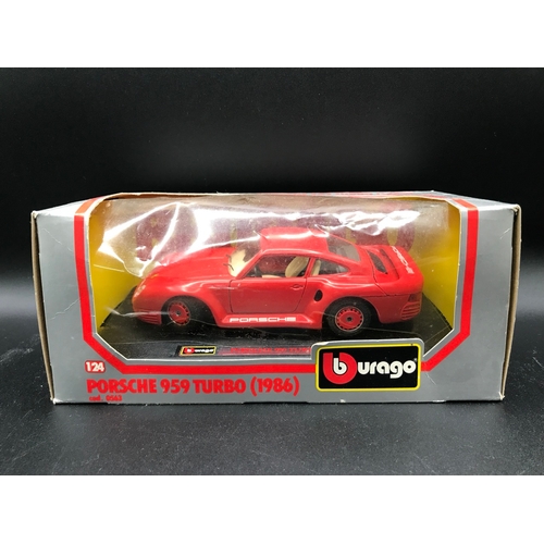 92 - Five 1:24 Burago Sports Cars, Porsche 95 Turbo (1986), Ferrari F40 (1987), Porsche 911S, Lamborghini... 