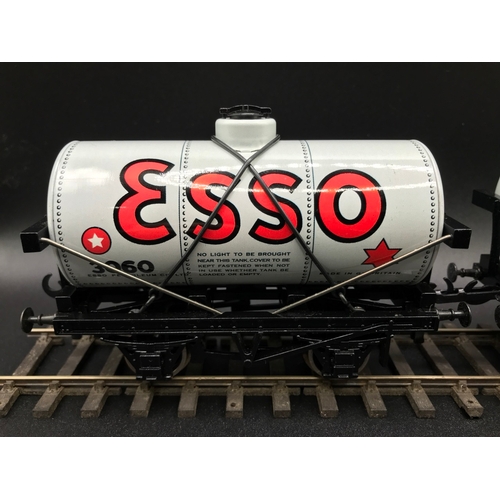 239 - Ace 4 Wheel Tank Set 2 Three Tinplate Petrol/Oil Tanks Esso, Wakefield Castrol and Regent, Fitted wi... 