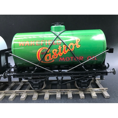 239 - Ace 4 Wheel Tank Set 2 Three Tinplate Petrol/Oil Tanks Esso, Wakefield Castrol and Regent, Fitted wi... 