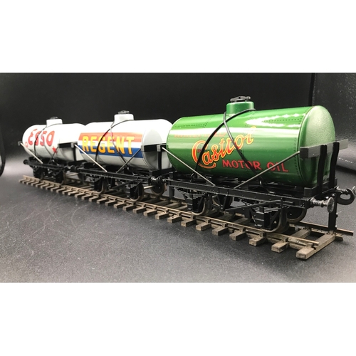 239 - Ace 4 Wheel Tank Set 2 Three Tinplate Petrol/Oil Tanks Esso, Wakefield Castrol and Regent, Fitted wi... 