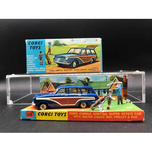 55 - Corgi Toys 440 Ford Consul Cortina Super Estate Car - Blue body, wood effect side and rear panels, c... 