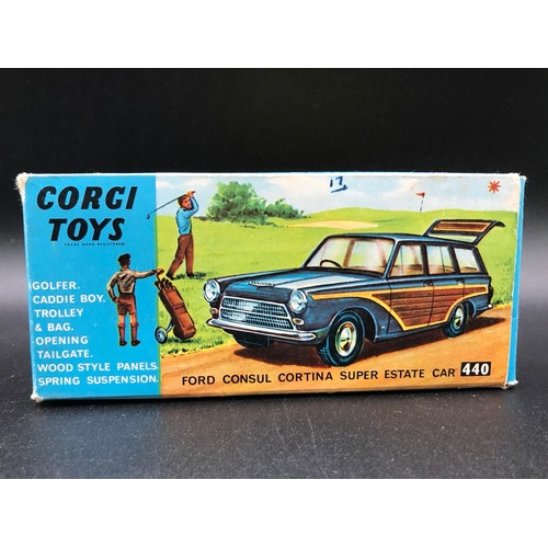 55 - Corgi Toys 440 Ford Consul Cortina Super Estate Car - Blue body, wood effect side and rear panels, c... 