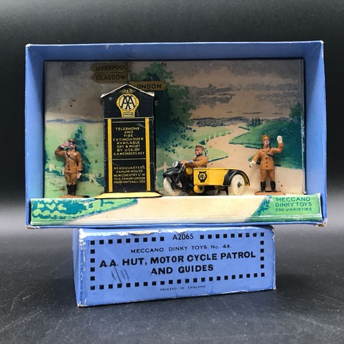 115 - Meccano Dinky Toys No.44 Pre-war AA Hut, Motor Cycle Patrol and Guides A2065, in Original Box with c... 