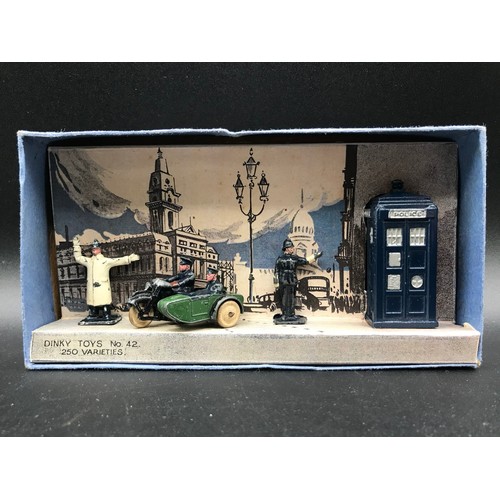 113 - Dinky Toys No.42 Pre-war 'Police Patrol' Gift Set, includes Police Hut, Motor Cycle Patrol and Polic... 