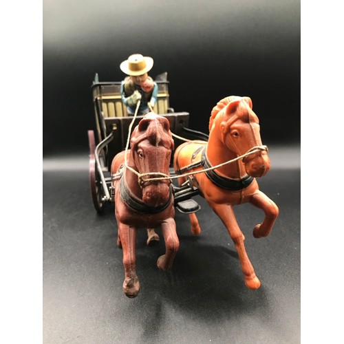 143 - Tin plate Overland Stage Coach Horse Drawn TIN TOY. 17.7 x 7.8 x 5ins. Made in Japan, Battery Operat... 