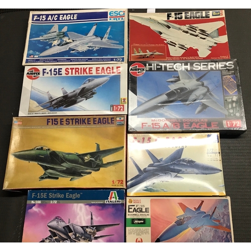 134 - 8 F15 Strike Eagle Un-built 1:72 Scale Aeroplane Kits, each Boxed with Instructions, Five sealed, On... 