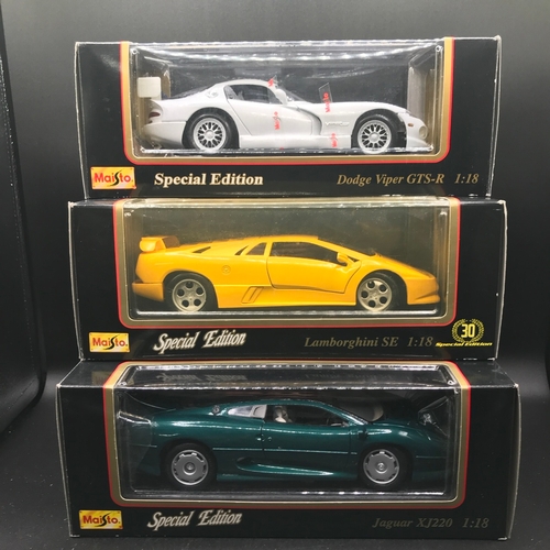 97 - Three 1:18 Scale Maisto Special Edition Super Cars, Includes Dodge Viper GTS-R, Lamborghini SE, Jagu... 