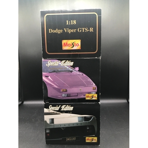 97 - Three 1:18 Scale Maisto Special Edition Super Cars, Includes Dodge Viper GTS-R, Lamborghini SE, Jagu... 