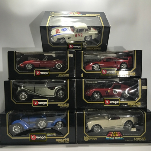 98 - Seven 1:18 Scale Burago Diecast Metal Models, Undisturbed from Packaging, includes Mercedes Benz 300... 