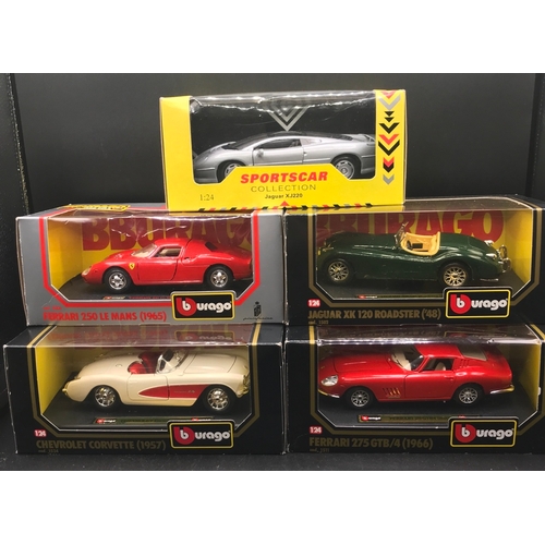 93 - Five 1:24 Sports Cars, Burago (4) and Shell Sportswear Collection Jaguar XJ220, Burago's Ferrari 275... 