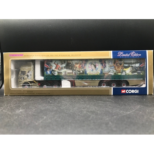 559 - Four boxed Trucks, Queens Golden Jubilee 2002 Corgi CC12104 Renault Premium Curtainside Strongserve ... 