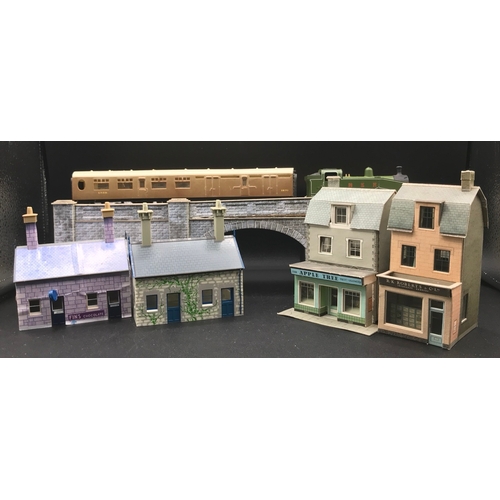 319 - Twenty-seven OO Gauge Scenic Buildings, Bridges, Stations and tub of Trees, Card built and Hornby pl... 