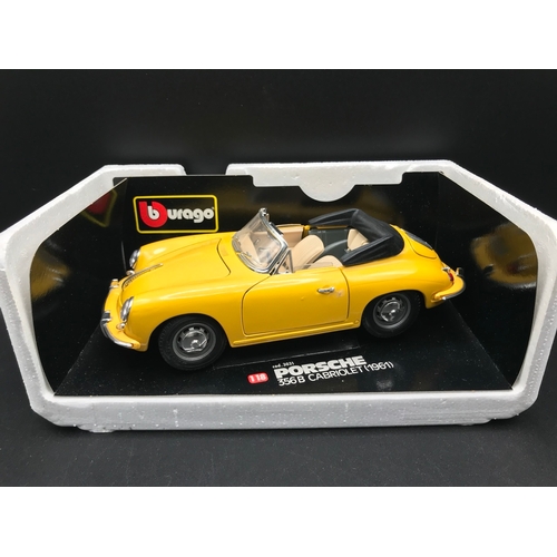 504 - Three Burago 1:18 Porsche' in Boxes, includes 356B Cabriolet (1961) marks to door shown, 356B Coupe ... 