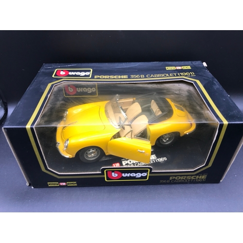 504 - Three Burago 1:18 Porsche' in Boxes, includes 356B Cabriolet (1961) marks to door shown, 356B Coupe ... 