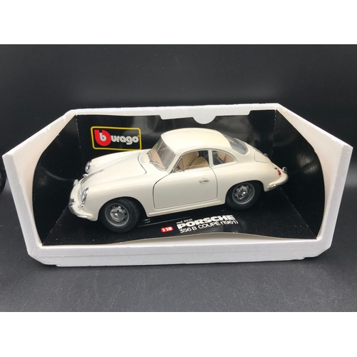 504 - Three Burago 1:18 Porsche' in Boxes, includes 356B Cabriolet (1961) marks to door shown, 356B Coupe ... 