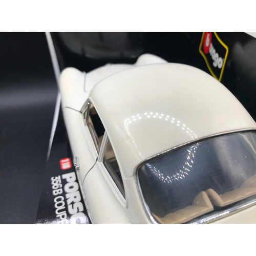 504 - Three Burago 1:18 Porsche' in Boxes, includes 356B Cabriolet (1961) marks to door shown, 356B Coupe ... 