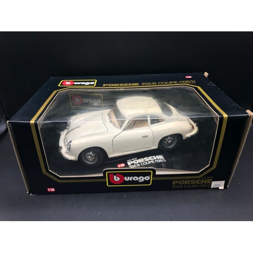 504 - Three Burago 1:18 Porsche' in Boxes, includes 356B Cabriolet (1961) marks to door shown, 356B Coupe ... 