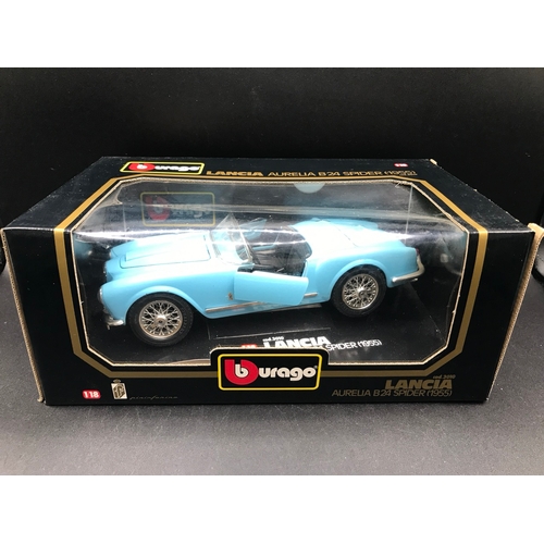 505 - Three Burago 1:18 Die-cast cars, Lancia Aurelia B24 Spider (1955), Alfa Romeo 8C 2300 Monza (1931), ... 