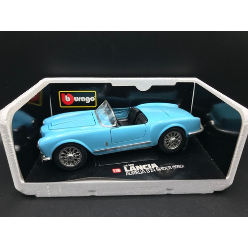 505 - Three Burago 1:18 Die-cast cars, Lancia Aurelia B24 Spider (1955), Alfa Romeo 8C 2300 Monza (1931), ... 