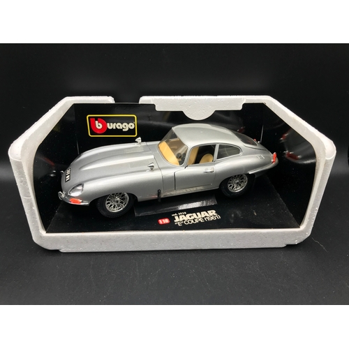 506 - Three Burago 1:18 Die-cast Sports Cars, Boxed, includes Jaguar 'E' Coupe (1961), Dodge Viper RT/10 (... 