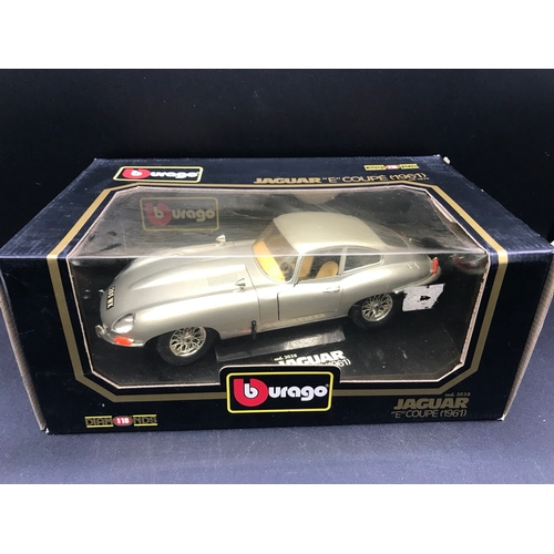 506 - Three Burago 1:18 Die-cast Sports Cars, Boxed, includes Jaguar 'E' Coupe (1961), Dodge Viper RT/10 (... 