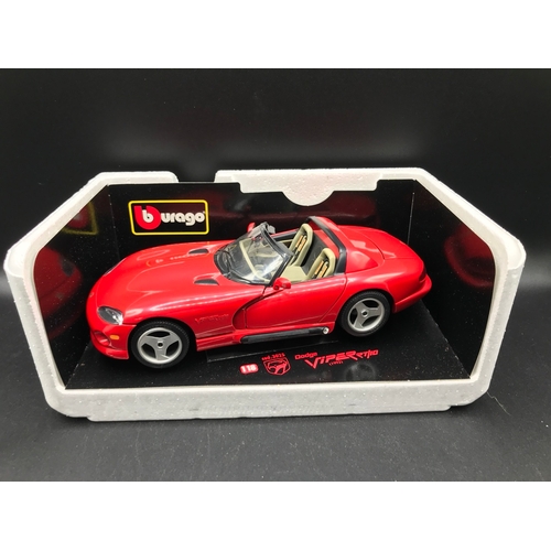 506 - Three Burago 1:18 Die-cast Sports Cars, Boxed, includes Jaguar 'E' Coupe (1961), Dodge Viper RT/10 (... 