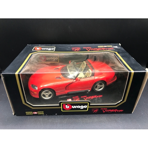 506 - Three Burago 1:18 Die-cast Sports Cars, Boxed, includes Jaguar 'E' Coupe (1961), Dodge Viper RT/10 (... 