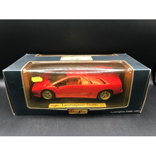 509 - Three Burago 1:18 Die-cast Metal with a Maisto Lamborghini Diablo (1990) box sunlight damage, Each b... 