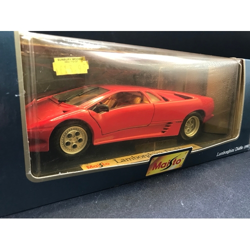 509 - Three Burago 1:18 Die-cast Metal with a Maisto Lamborghini Diablo (1990) box sunlight damage, Each b... 