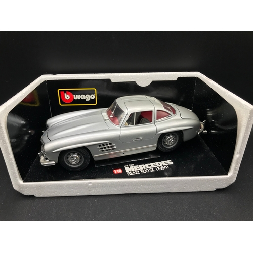 508 - Four Burago 1:18 Die-cast Metal Mercedes Benz, Each boxed showing dust, 300SL (1954) Good, SSK (1928... 