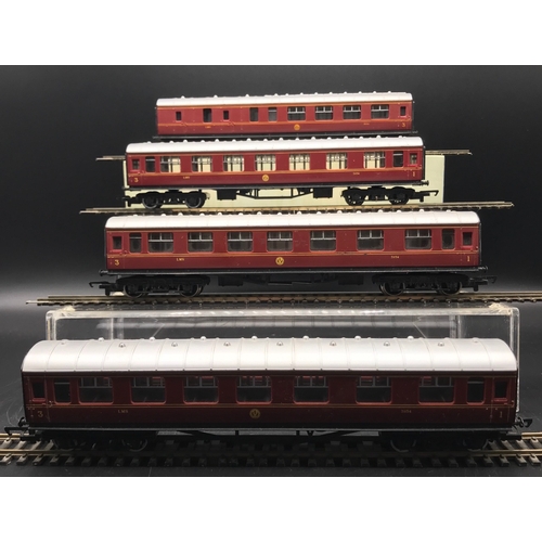 166 - A ‘OO’ gauge Rake of Four Coaches, Hornby R433A LMS Composite Corridor in Crimson Lake (3) and Hornb... 