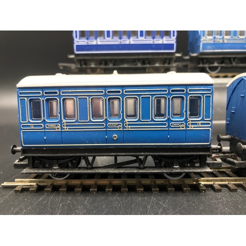 173 - Six 'OO' Hornby Blue 4 Wheel Passenger Carriages 'First/Third' (Made in Britain & China) Varying sha... 