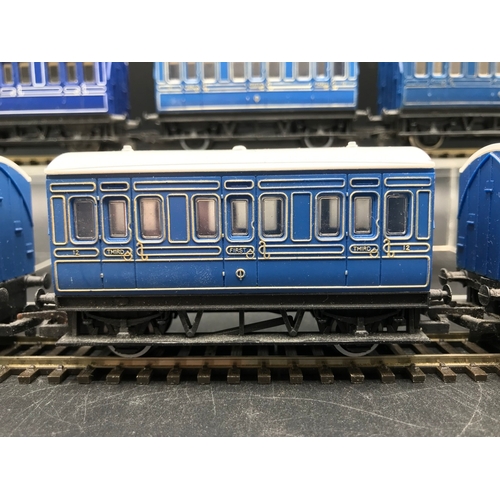 173 - Six 'OO' Hornby Blue 4 Wheel Passenger Carriages 'First/Third' (Made in Britain & China) Varying sha... 