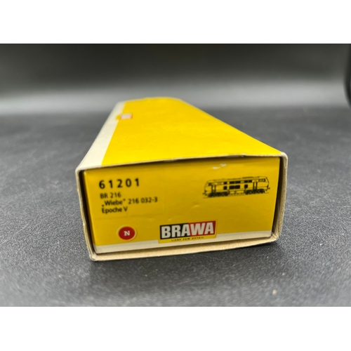 268 - N gauge, Brawa 61201 BR 216 H.F.Wiebe 216 032-3 Epoche V, Tested Runner, Lights, Original Box/Case (... 