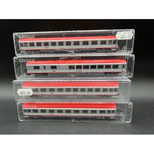 283 - Four Roco 'N' Gauge OBB Coaches/Cars believed to be Austrian Federal Railways, 1st, 1st/2nd (2) and ... 