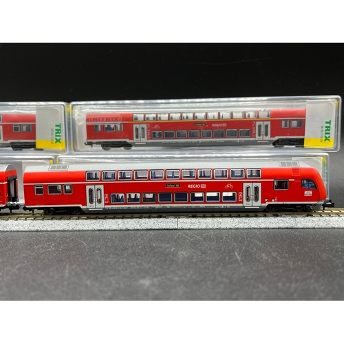 285 - A Rake of Four Minitrix Bi-Level Passenger Car, DB, Epoch VI - Deutsche Bahn, Trix 15380, 15381, 153... 