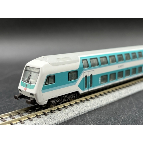 286 - A rake of four DB Bi-level Cars, includes Fleischmann 8123K 2nd class double-deck control cab car, t... 