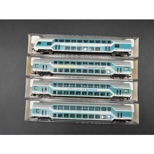 286 - A rake of four DB Bi-level Cars, includes Fleischmann 8123K 2nd class double-deck control cab car, t... 