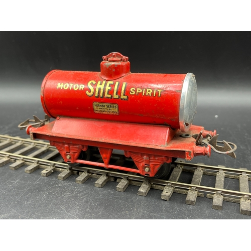 44 - 5 Hornby Meccano Gauge O UTLX 4739 Union Tank Car Co. Oil wagon, Shell Motor Spirit Tank wagon, Esso... 