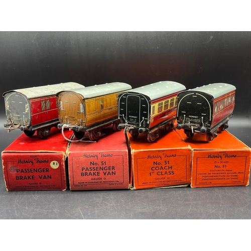 46 - Four Hornby Meccano Gauge O Coaches, includes 1924-27 LNER Passenger Brake Van with Box, 1st Class C... 