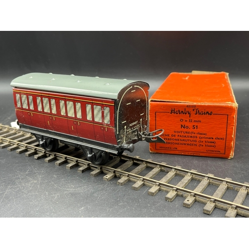 46 - Four Hornby Meccano Gauge O Coaches, includes 1924-27 LNER Passenger Brake Van with Box, 1st Class C... 