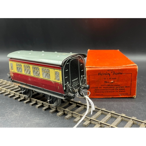 46 - Four Hornby Meccano Gauge O Coaches, includes 1924-27 LNER Passenger Brake Van with Box, 1st Class C... 